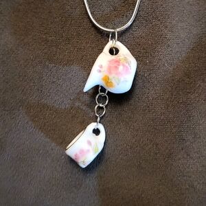 Pink and White Floral Cream Pitcher and Teacup Necklace